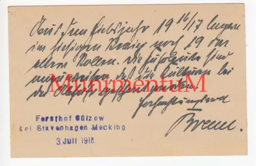 Revier Forsthof GÜLZOW bei STAVENHAGEN - Postkarte 1918 über Bestand n.  GIELOW