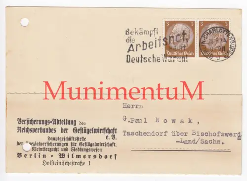 Reichsverband der Geflügelwirtschaft BERLIN-WILMERSDORF Versicherungs-Abteilung