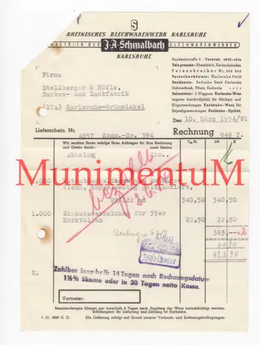Rheinisches Blechwarenwerk Schmalbach KARLSRUHE - Rechnung 1954 GRÜNWINKEL