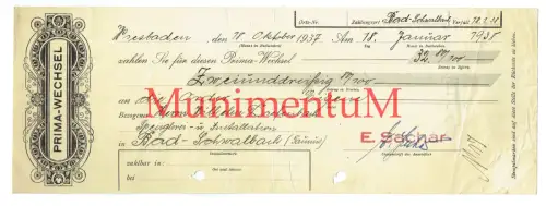 Prima-Wechsel BAD SCHWALBACH 1938 E. Sachar | Spenglerei Diefenbach
