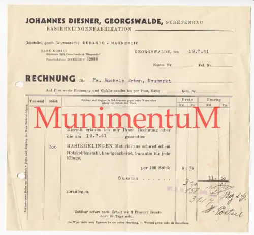 Rasierklingenfabrikation Johannes Diesner GEORGSWALDE '41 SUDETENGAU SUDETENLAND