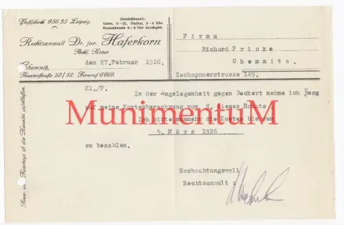 Rechtsanwalt Dr. jur. Haferkorn , Notar, CHEMNITZ - Rechnung 1926 Fa. Fricke