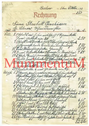 Schmiedemeister Fr. Libnow GIELOW - Rechnung 1942 an Gebr. Strubelt PEENHÄUSER