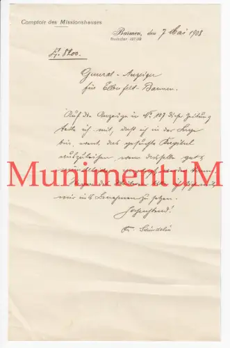 Rheinische Missionsgesellscahft | Comptior Missionshaus BARMEN | Brief von 1908