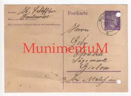 Postkarte 1941 aus FAULENROST nach GIELOW bzgl. fertiger Eisentüren