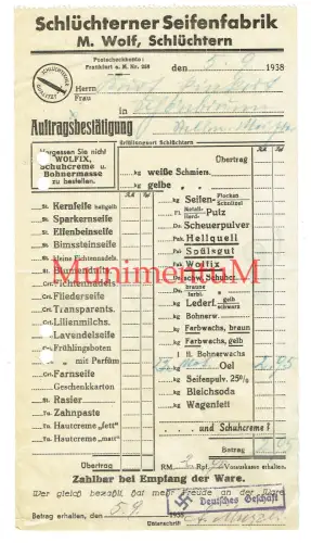 Schlüchterner Seifenfabrik M. Wolf SCHLÜCHTERN - 1938 Auftragsbestätigung