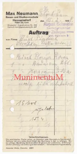 Rosen- & Obstbaumschule Max Neumann HENNERSDORF FLÖHA ZSCHOPAU 1938 SCHÖNBRUNN