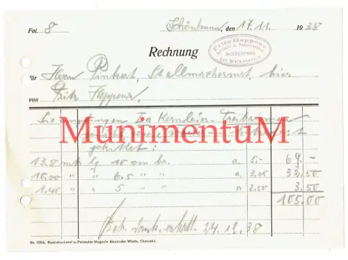 Sattlerei & Polstermöbel Fritz Hoppenz SCHÖNBRUNN bei WELKENSTEIN Rechnung 1938