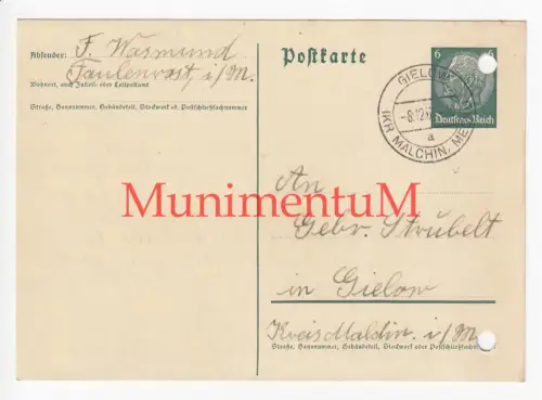 Postkarte 1937 Wasmund von FAULENROST nach GIELOW m.d.B. um Aufschub von Zahlung