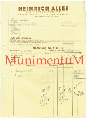 Radio-Großhandlung Heinrich Alles FRANKFURT a.M. Elbestraße 1935 Rechnung R496