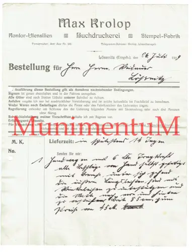 Stempel-Fabrik Buchdruckerei Kontor-Utensilien Max Krolop LÖSSNITZ Rechnung 1909