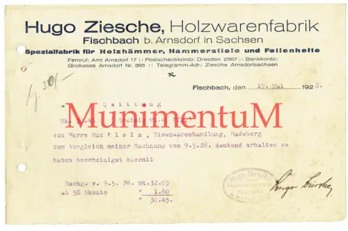 Spezialfabrik Holzwarenfabrik FISCHBACH b. Arnsdorf Hugo Ziesche | Rechnung 1928