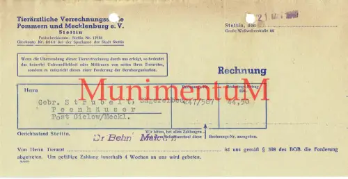 Tierärztliche Verrechnungsstelle Pommern und Mecklenburg eV STETTIN - Rechnung