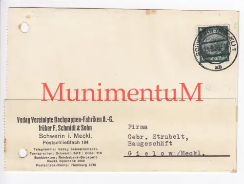 Vedag Vereinigte Dachpappen-Fabriken AG SCHWERIN - Rechnung Mahnung Reklame 1938