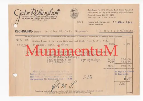 Sägen Messer Werkzeugfabrik Gebr. Röllinghoff REMSCHEID HASTEN - Rechnung 1944