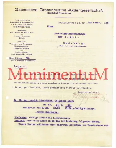 Sächsische Drahtindustrie AG Drahtstiftwerke GROßBAUCHLITZ Angebot Offerte 1926