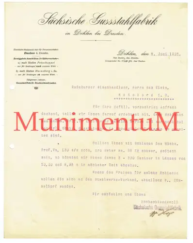 Sächsische Gussstahlfabrik DÖHLEN bei DRESDEN - Offerte Rechnung Briefbogen 1906
