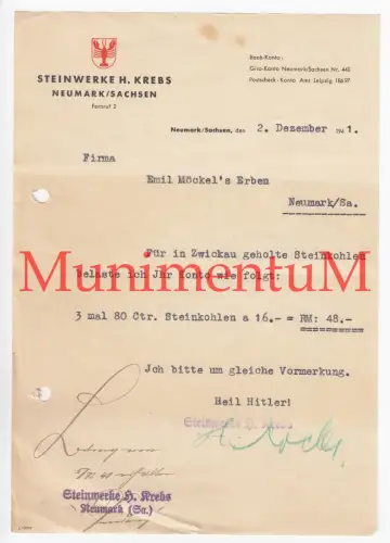 Steinwerke H. Krebs NEUMARK i. Sachsen - Rechnung 1941 Steinkohle | Möckel