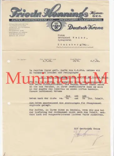 Spezialfabrik Kupferkessel F. Hennings DEUTSCH KRONE - Offerte 1934 WESTPREUßEN
