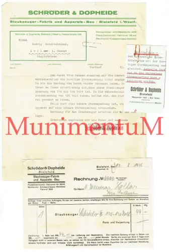 Staubsauger-Fabrik Schröder & Dopheide BIELEFELD - Rechnung & Anschreiben 1935