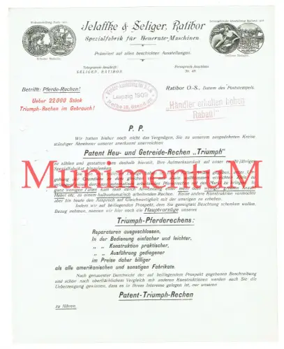 Spezialfabrik Heuernte-Maschinen Jelaffke & Seliger RATIBOR OBERSCHLESIEN 1909