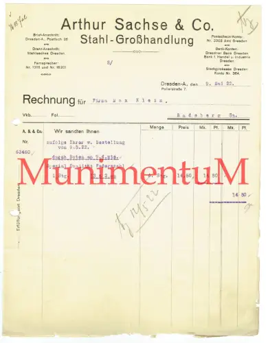 Stahl-Großhandlung Arthur Sachse & Co. DRESDEN-ALTSTADT - Rechnung 1922 d. Boten