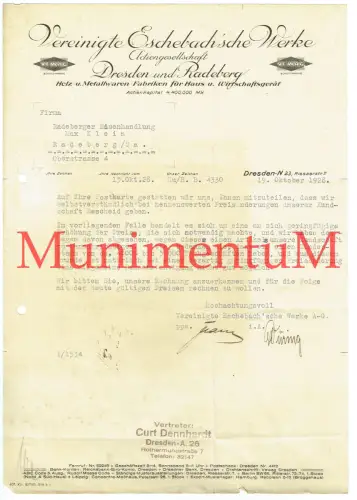 Vereinigte Eschebach'sche Werke DRESDEN RADEBERG - C. Dennhardt Mitteilung 1928