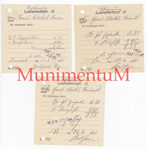 Tabakwaren Gottfried Horn NEUMARK i. Sachsen - 3 Rechnungen 1941 an Emil Möckel