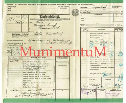 Tierfrachtbrief (Kuh) 1932 RUMBURG Sudetenland n. KOTTMARSDORF NIEDERCUNNERSDORF