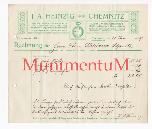 Uhren Harmonium Orgeln J. A. Heinzig CHEMNITZ - Rechnung 1917 für Trauringe