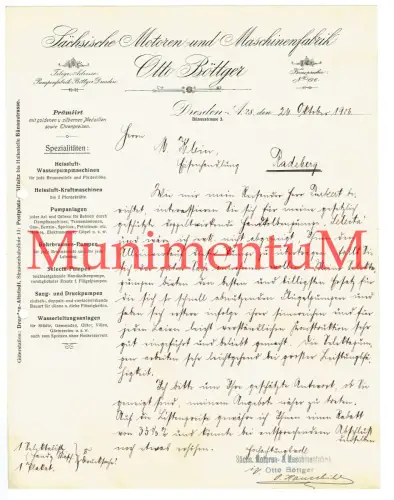 Sächsische Motoren & Maschinenfabrik Otto Böttger DRESDEN - Offerte Reklame 1906