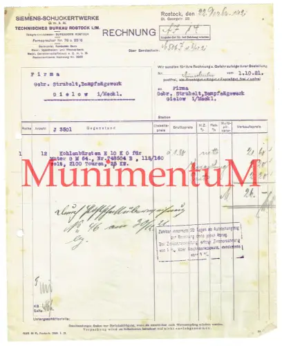 Siemens-Schuckertwerke GmbH ROSTOCK - Rechnung 1921 Kohlenbürsten für Motor