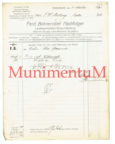 Sirupfabrik Lachs-Räucherei F. Bohnenstiel Nachfolger MAGDEBURG - Rechnung 1913