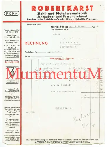 Stahl- u. Metallwaren-Fabrik Fassondreh. Robert Karst BERLIN Rechnung 1936 R506
