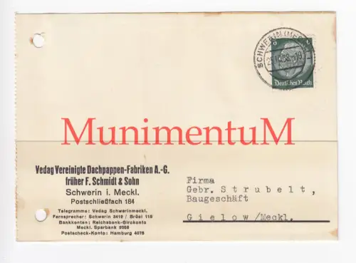 Vedag Vereinigte Dachpappen-Fabriken AG SCHWERIN - Rechnung Mahnung 1938 GIELOW