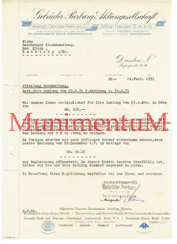 Stahlbedarf Gebrüder Pierburg Aktiengesellschaft DRESDEN | Rechnung 1931