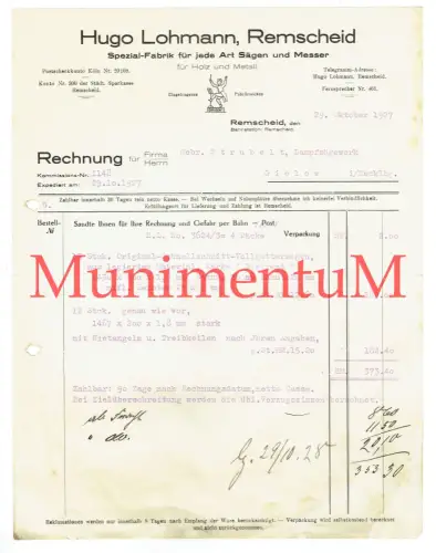 Spezialfabrik Sägen & Messer Holz & Metall Hugo Lohmann REMSCHEID Rechnung 1927