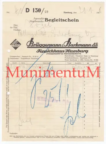 Teppichhaus HAMBURG Brüggemann & Barkmann AG - Begleitschein 1936 WELLINGSBÜTTEL