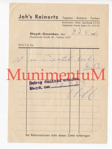Tapeten Balatum Farben Joh's Reinertz RHEYDT GENEICKEN - Rechnung 1954 (?)
