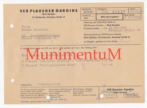 VEB Plauener Gardine Werk Gardeko ZWICKAU - Auftrag 1975 n. ANNABERG-BUCHHOLZ
