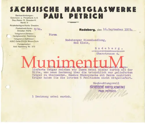 Sächsische Hartglaswerke Paul Petrich RADEBERG - Reklamation Rechnung 1929