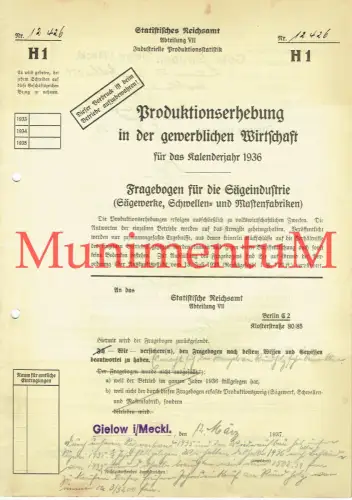 Statistisches Reichsamt Produktionserhebung Fragebogen Sägeindustrie 1936 GIELOW
