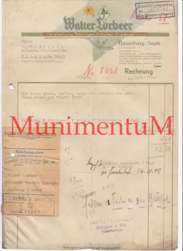 Thür. Kräuter Walter Lorbeer NAUMBURG /Saale - Rechnung Einlieferungsschein 1942
