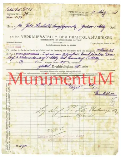 Verkaufsstelle d. Drahtglasfabriken BERLIN 1921 - Rechnung LEVENSTORF PEENEHAGEN