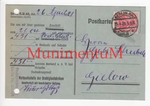 Verkaufsstelle der Drahtglasfabriken BERLIN - Postscheckkonto Geldeingang 1921