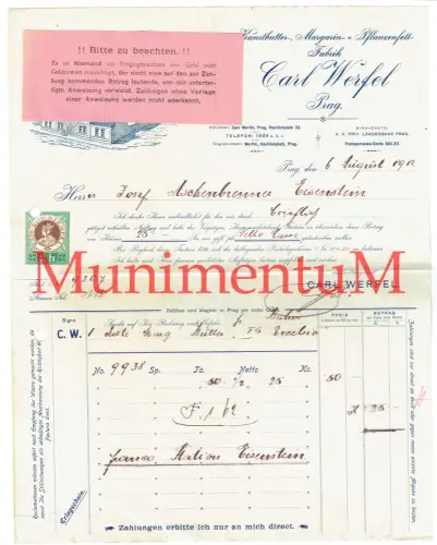 Kunstbutter- Margarin-&Pflanzenfett-Fabrik Carl Werfel PRAG Böhmen Rechnung 1901