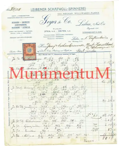 Leibener Schafwoll-Spinnerei Geyer & Co. LEIBEN Niederösterreich - Rechnung 1911
