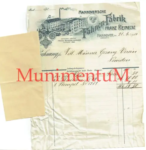 Fahnenfabrik Franz Reinecke HANNOVER - Rechnung 1904 Männergesangverein NEMDEN