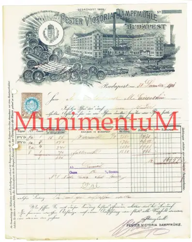 Pester Victoria Dampfmühle BUDAPEST gegr. 1866 Ungarn - Rechnung 1901
