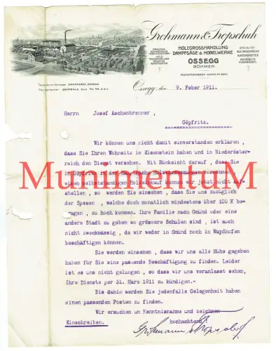 Hobelwerke Grohmann & Tropschuh OSSEGG i. BÖHMEN 1911 Entlassung n. GÖPFRITZ
